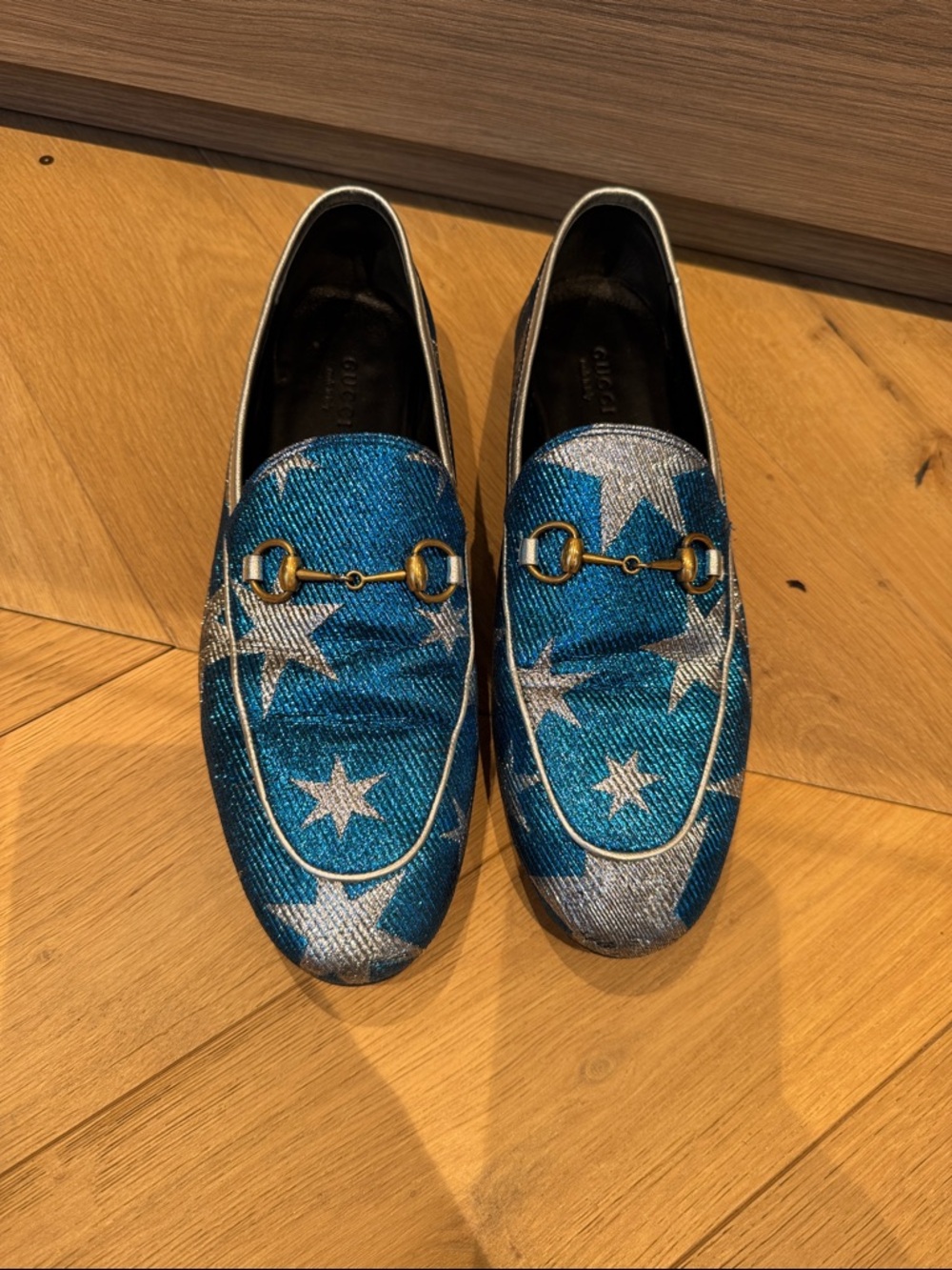 Gucci Blue and Silver Star-Print Horsebit Loafers